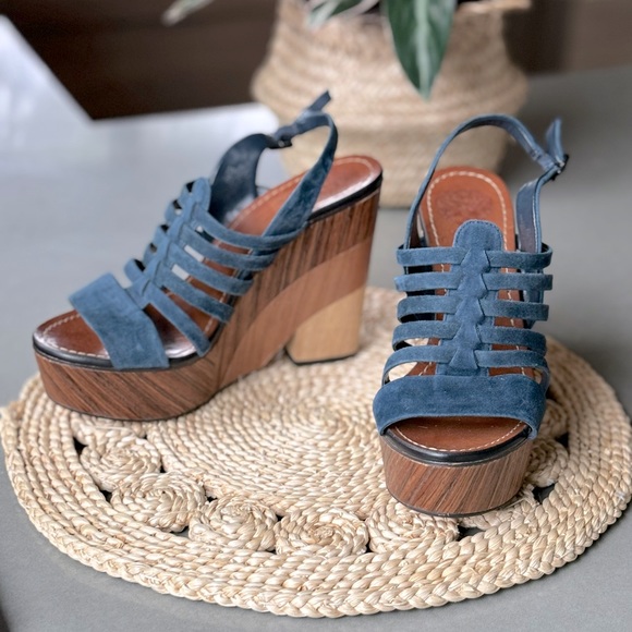 Vince Camuto Shoes - Vince Camuto Onia Slingback Gradient Wood Blue Suede Platform Wedge Sandals